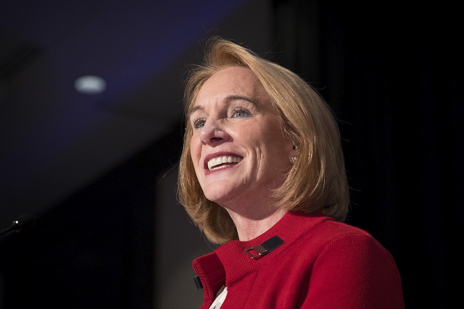 caption: File: Mayor Jenny Durkan smiles while giving a speech on Tuesday, November 7, 2017, at The Westin in Seattle. Mayor Durkan's latest proposed budget would include funding to support creative industries and the arts.