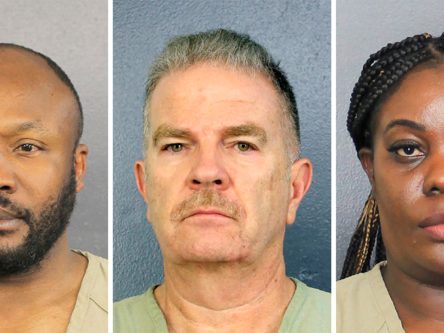 caption: Sergo Colin (from left), Jorge Carballo and Althia Meggie, all former workers at the Rehabilitation Center at Hollywood Hills, in Florida, face multiple counts of aggravated manslaughter. Meggie and another nurse face additional charges related to tampering with evidence.