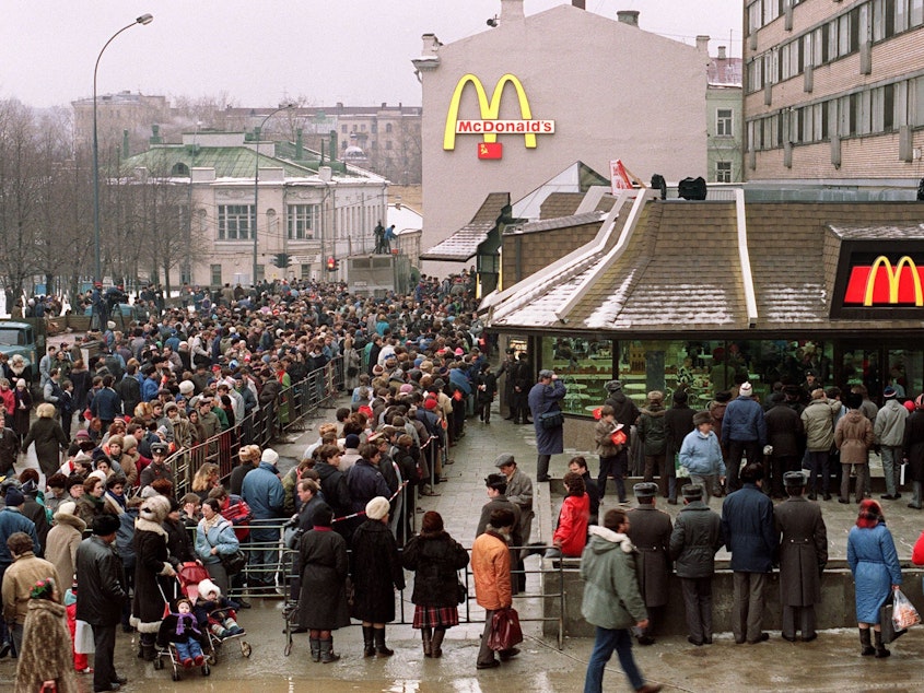 caption: McDonald's arrived in Moscow when Russia was still part of the Soviet Union. Tens of thousands of customers stood in line when its first restaurant opened on Jan. 31, 1990, at Moscow's Pushkin Square.