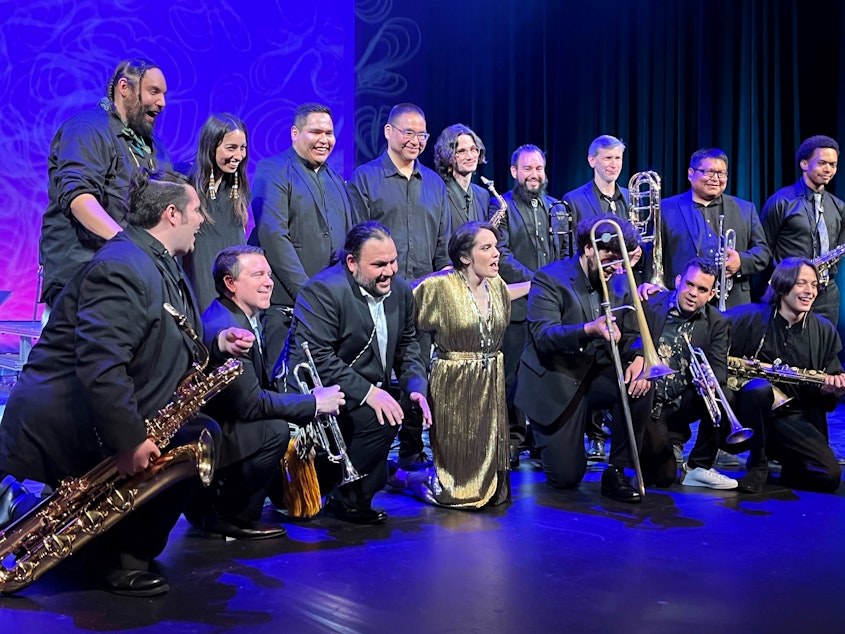 caption: The Julia Keefe Indigenous Big Band posed for a commemorative photo after their premiere in Olympia on May 19, 2022.