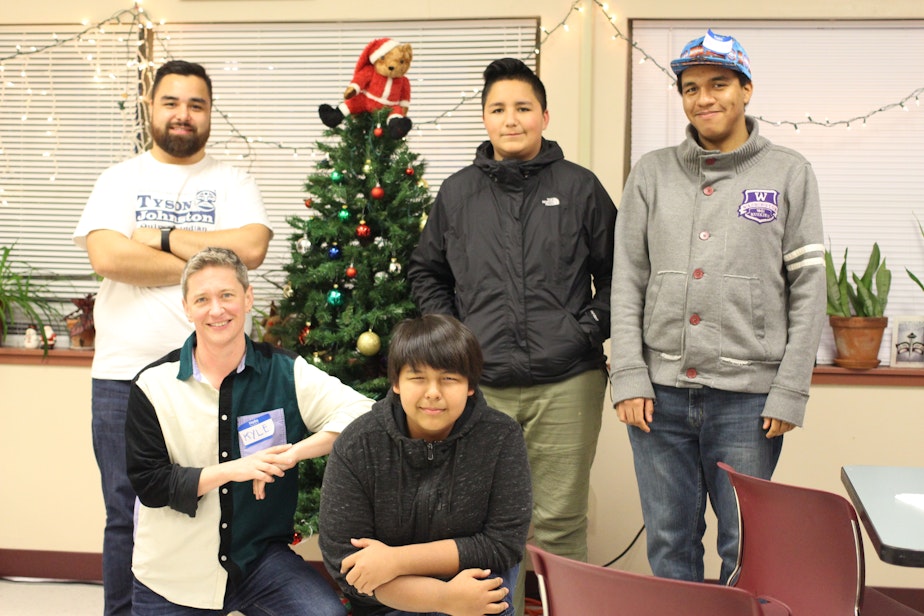 caption:  (L to R) Seattle Indian Health Board’s Tory Johnston and RadioActive Youth Media mentor Kyle Norris with youth participants Eric Nichols, Trystan Valenzuela, and Amadanyo Joseph Oguara.
