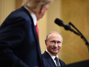 caption: President Donald Trump and Russian President Vladimir Putin attend a joint press conference after a meeting in Helsinki, Finland, on July 16, 2018.