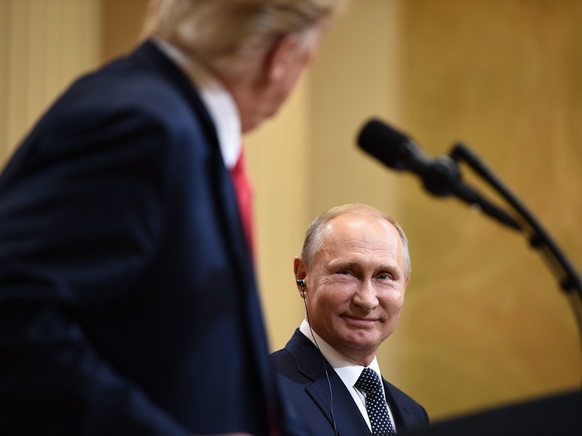 caption: President Donald Trump and Russian President Vladimir Putin attend a joint press conference after a meeting in Helsinki, Finland, on July 16, 2018.