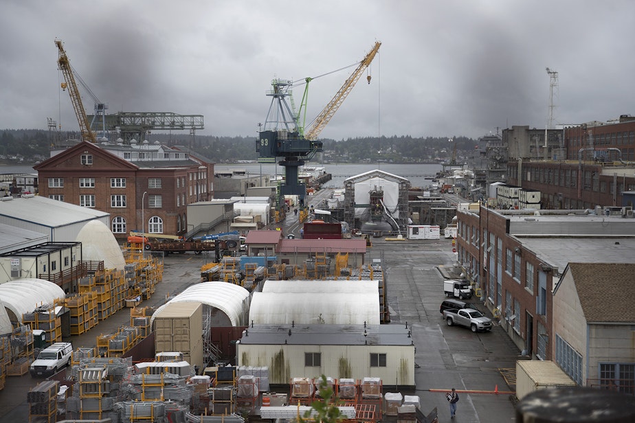 caption: A portion of the Puget Sound Naval Shipyard is shown on Thursday, June 8, 2017, in Bremerton, Washington. 