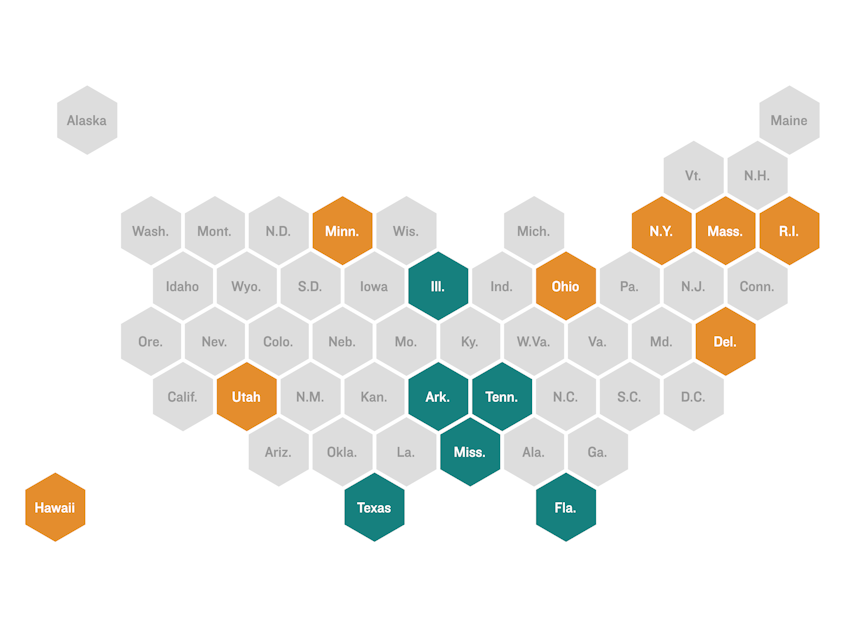 A map of the U.S. showing significant net undercounts in Arkansas, Florida, Illinois, Mississippi, Tennessee and Texas, plus net overcounts in Delaware, Hawaii, Massachusetts, Minnesota, New York, Ohio, Rhode Island and Utah