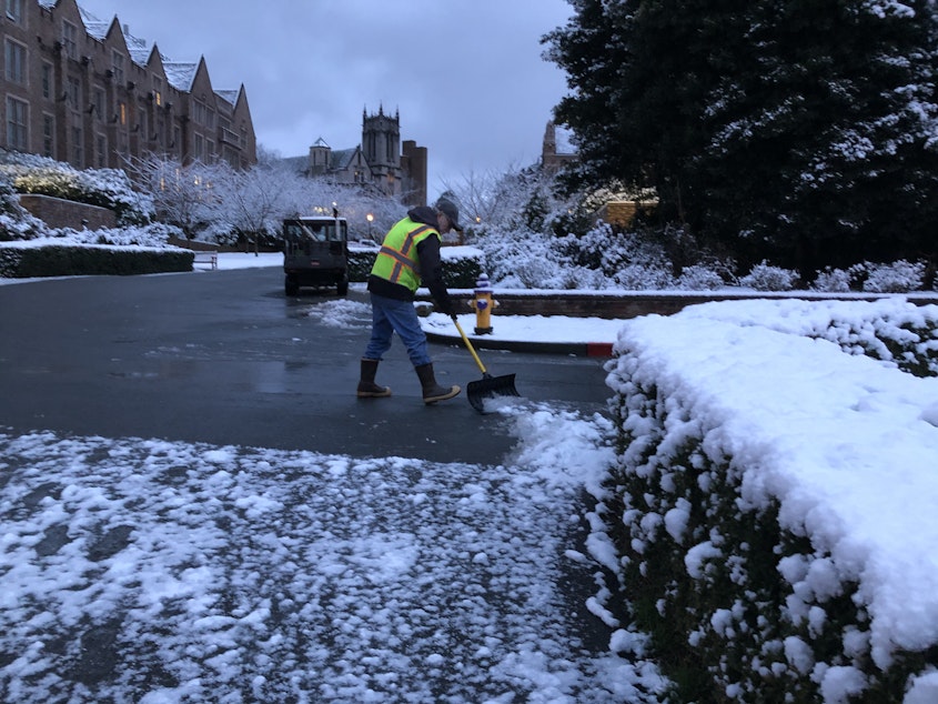 caption: Light snow fell on the Seattle area overnight into Monday. The northern part of the city saw 1-3 inches of powder.
