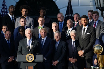 caption: President Biden welcomed the Milwaukee Bucks to the White House, the first NBA champions to visit there in five years.