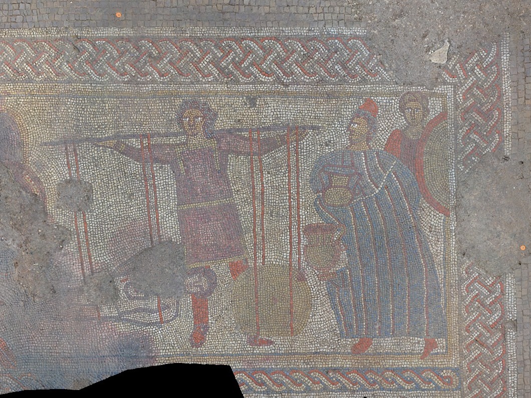 caption: A panel of the mosaic discovered by a team of archaeologists in England. The researchers say it shows the body of Hector returning to his father, King Priam (right), in exchange for his weight in gold.