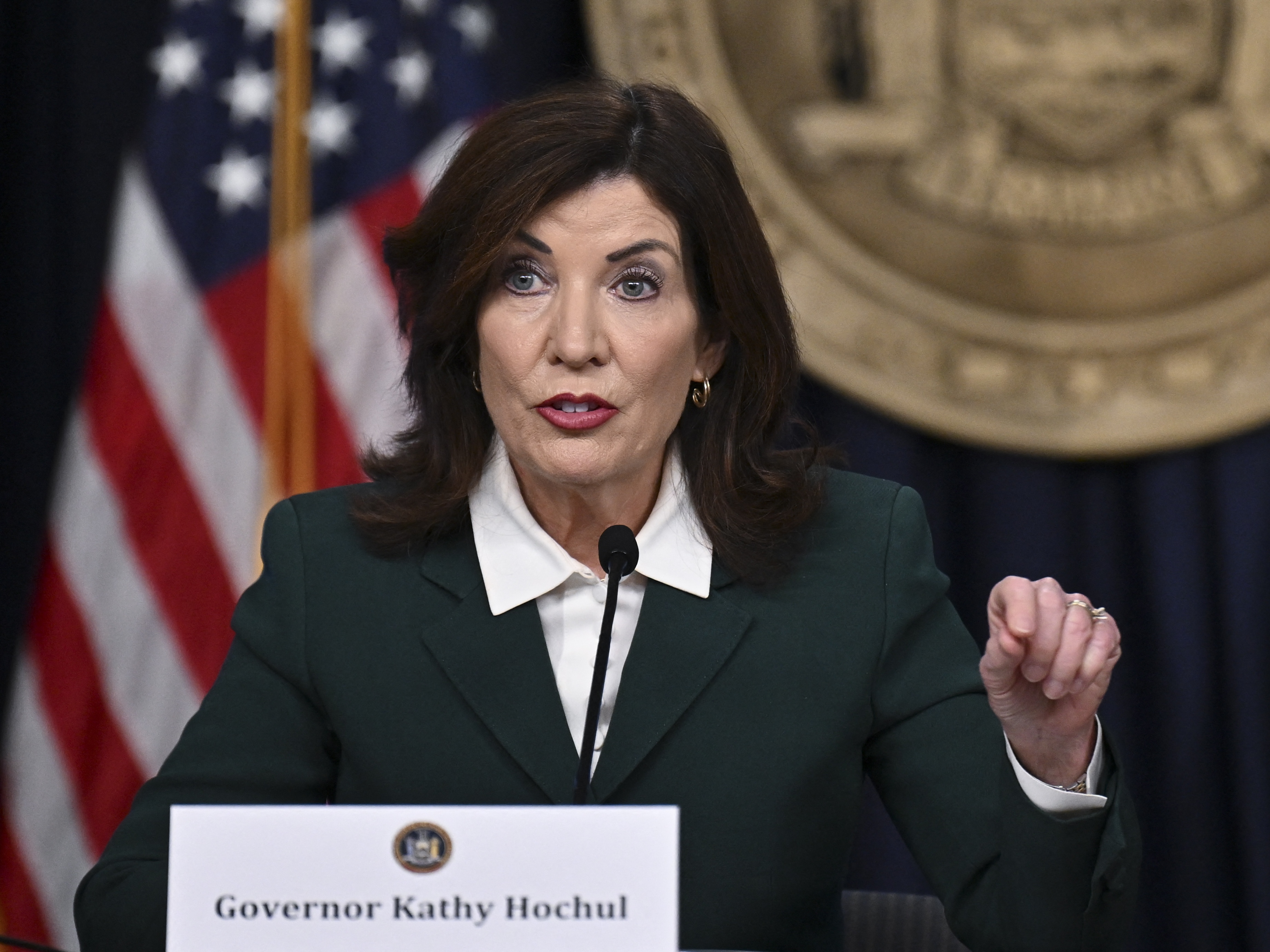 caption: New York Governor Kathy Hochul speaks during a press conference regarding congestion pricing in New York City on November 14, 2024.
