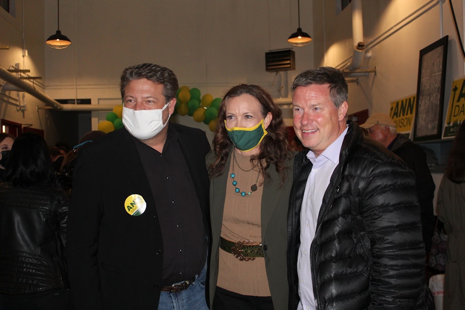caption: King County Councilmember Reagan Dunn and State Sen. Mark Mullet came to Seattle Sept. 2 to congratulate Davison on her strong lead in initial results for city attorney.