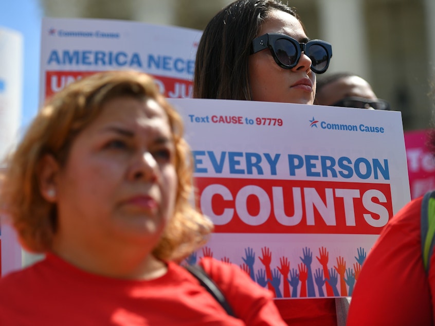 caption: Demonstrators rally in Washington, D.C., in April 2019 against the now-blocked citizenship question that the Trump administration tried and failed to get on the 2020 census forms.