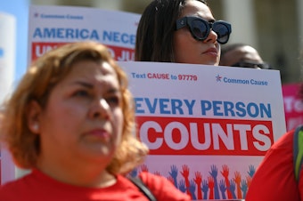 caption: Demonstrators rally in Washington, D.C., in April 2019 against the now-blocked citizenship question that the Trump administration tried and failed to get on the 2020 census forms.