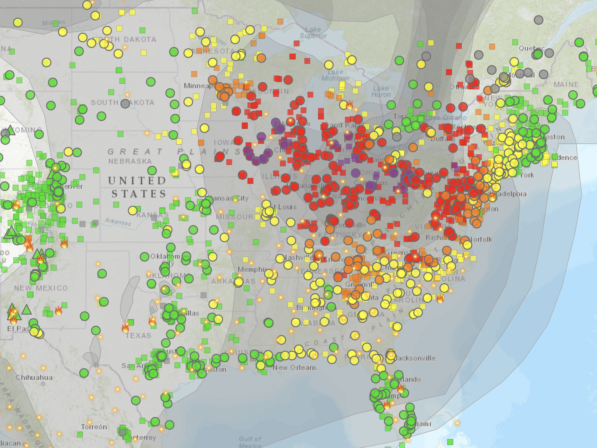 caption: Poor air quality triggered orange, red and purple alerts over a large chunk of the U.S. on Thursday, as seen in this map published by the federal air quality site AirNow at 7 a.m. ET.