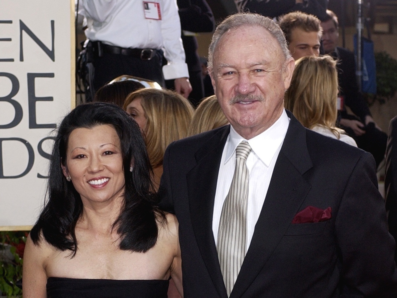 caption: Actor Gene Hackman arrives with his wife, Betsy Arakawa, for the 60th Annual Golden Globe Awards in Beverly Hills, Calif., Sunday, Jan. 19, 2003.