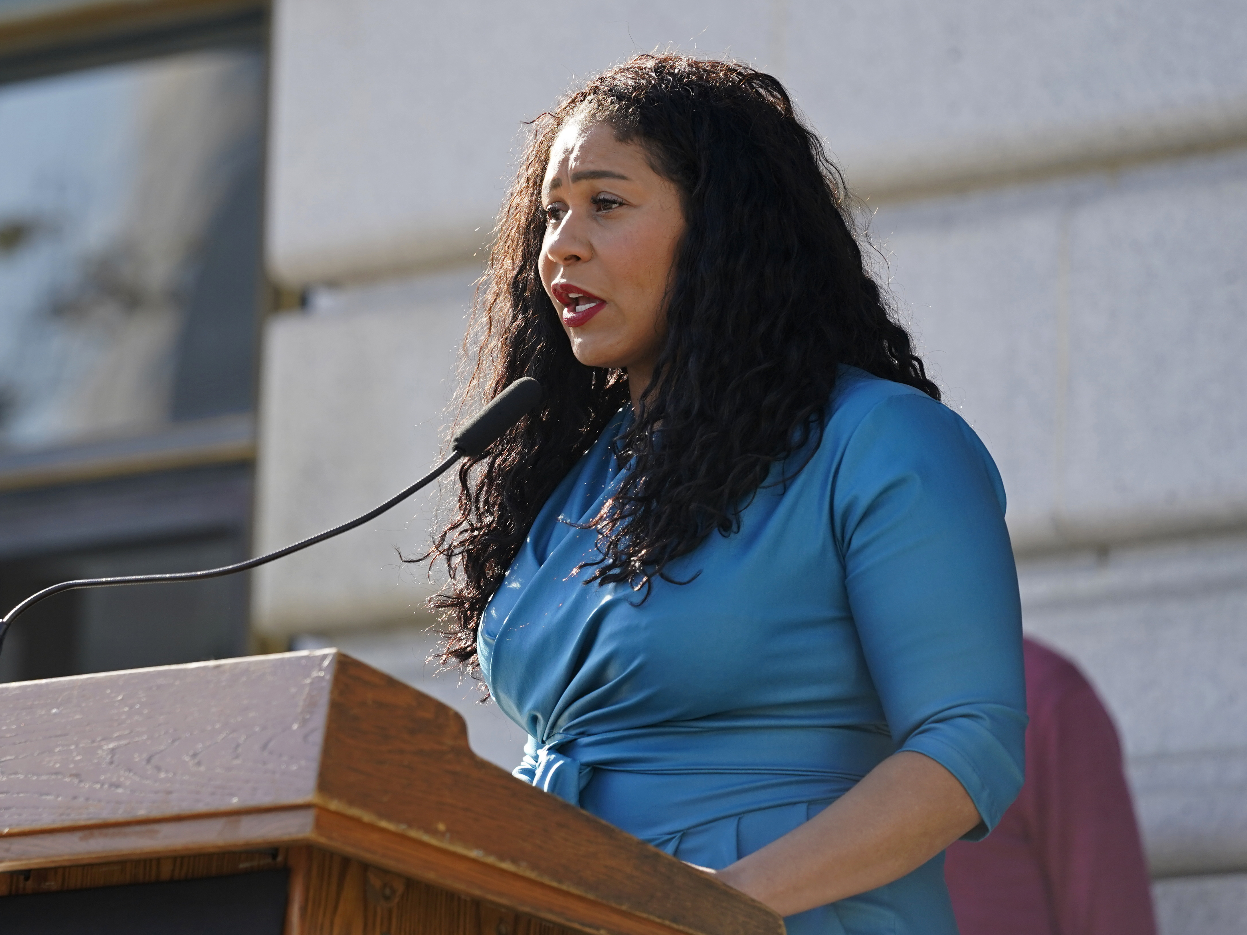 caption: San Francisco Mayor London Breed speaks during a briefing outside City Hall on Dec. 1, 2021. Breed announced a legal state of emergency Thursday, July 28, 2022, over the growing number of monkeypox cases.