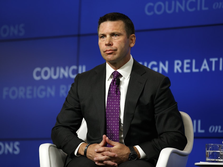 caption: Acting Homeland Security Secretary Kevin McAleenan listens to a question at the Council on Foreign Relations on Monday in Washington, D.C.