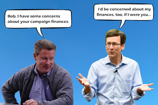 caption: A collage showing Washington state Sen. Mark Mullet speaking to state Attorney General Bob Ferguson, his Democratic rival in the race to be the state's next governor. Mullet is saying, "Bob, I have some concerns about your campaign finances." Ferguson is responding, "I'd be concerned about my finances, too, if I were you..." Photos courtesy of Canva and Mark Mullet for Governor.
