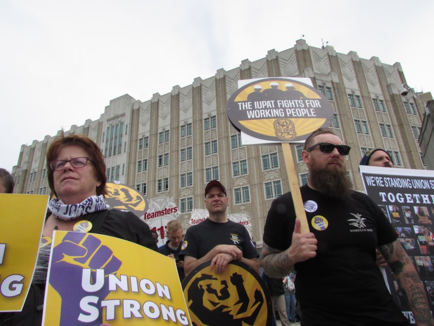 caption: At union rally Wednesday, speakers railed against the Janus verdict.  They pledged to focus on organizing and electing pro-labor candidates.