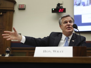 caption: FBI Director Christopher Wray testifies Thursday before a House Homeland Security Committee hearing on threats to the homeland.
