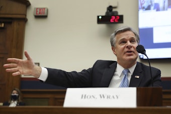 caption: FBI Director Christopher Wray testifies Thursday before a House Homeland Security Committee hearing on threats to the homeland.