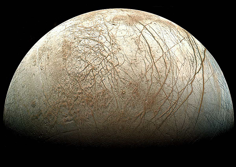 caption: Photo of Europa taken during NASA's Galileo mission.