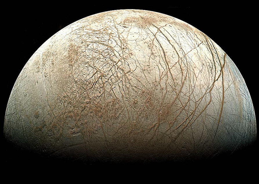 caption: Photo of Europa taken during NASA's Galileo mission.