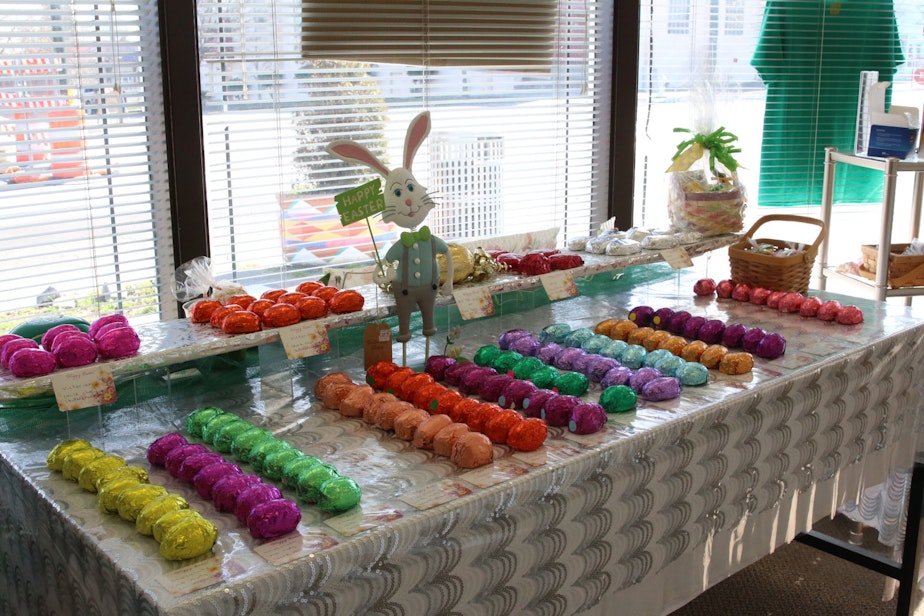 caption: Chocolate covered Easter eggs for sale at the Johnson Candy Company in Tacoma. Most of the shop's sales are done in person to local customers. This year, the pandemic has pushed them to try to sell a limited number of eggs online, to help balance the books