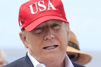 caption: President Trump says he will close the United States' Southern border, or large sections of it, next week if Mexico does not immediately stop illegal immigration. Here Trump speaks to reporters during a visit to Lake Okeechobee and Herbert Hoover Dike at Canal Point, Fla., on Friday.