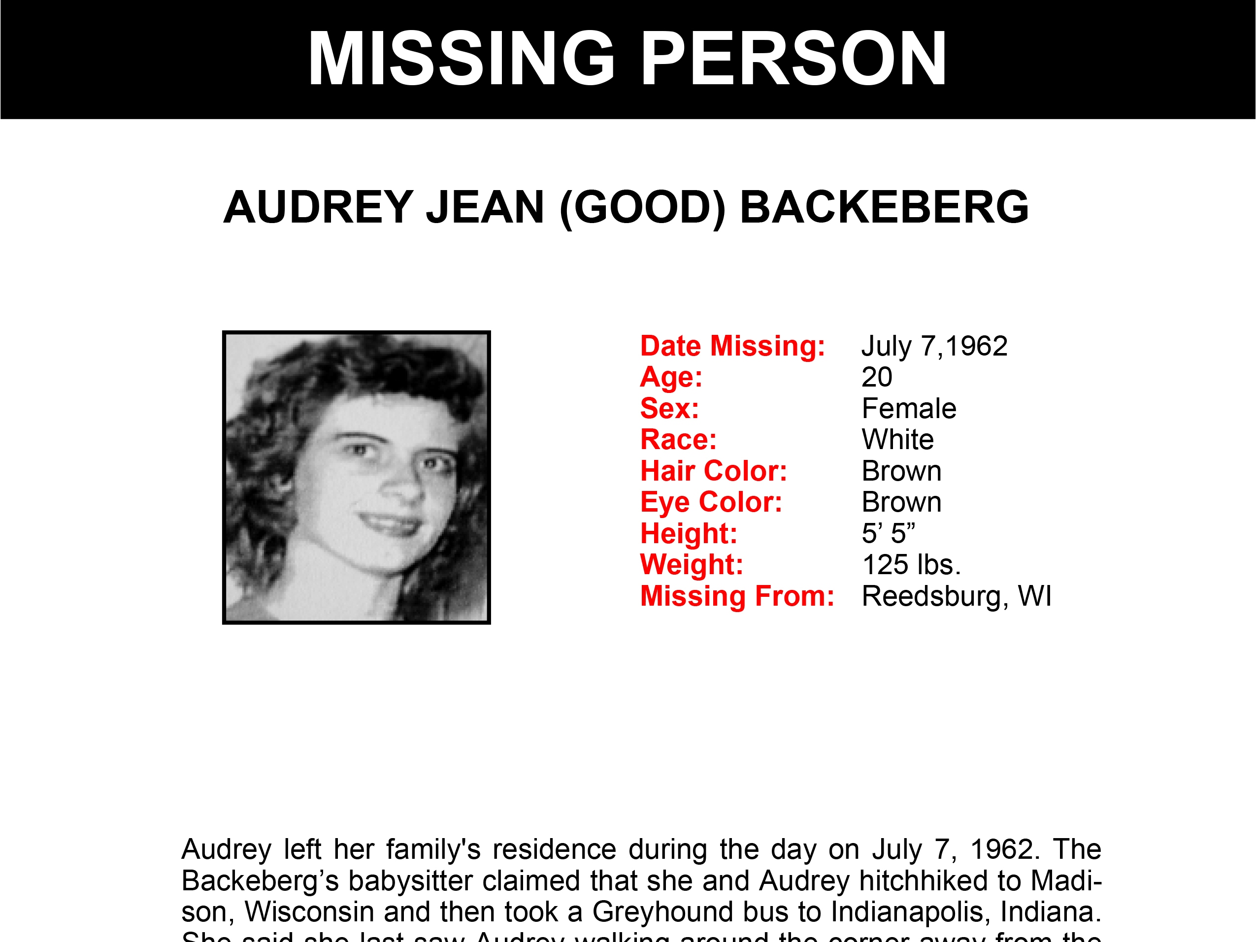 caption: Audrey Backeberg was 20 years old when she disappeared from Reedsburg in July 1962, according to this bulletin from the Wisconsin Department of Justice.