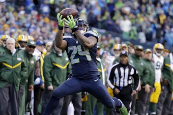 caption: FILE - In this Jan. 18, 2015, file photo, Seattle Seahawks' Marshawn Lynch catches a pass during the second half of the NFL football NFC Championship game against the Green Bay Packers, in Seattle.