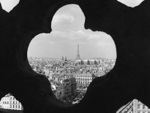 caption: A view of Paris through a detail in the stonework of Notre Dame.