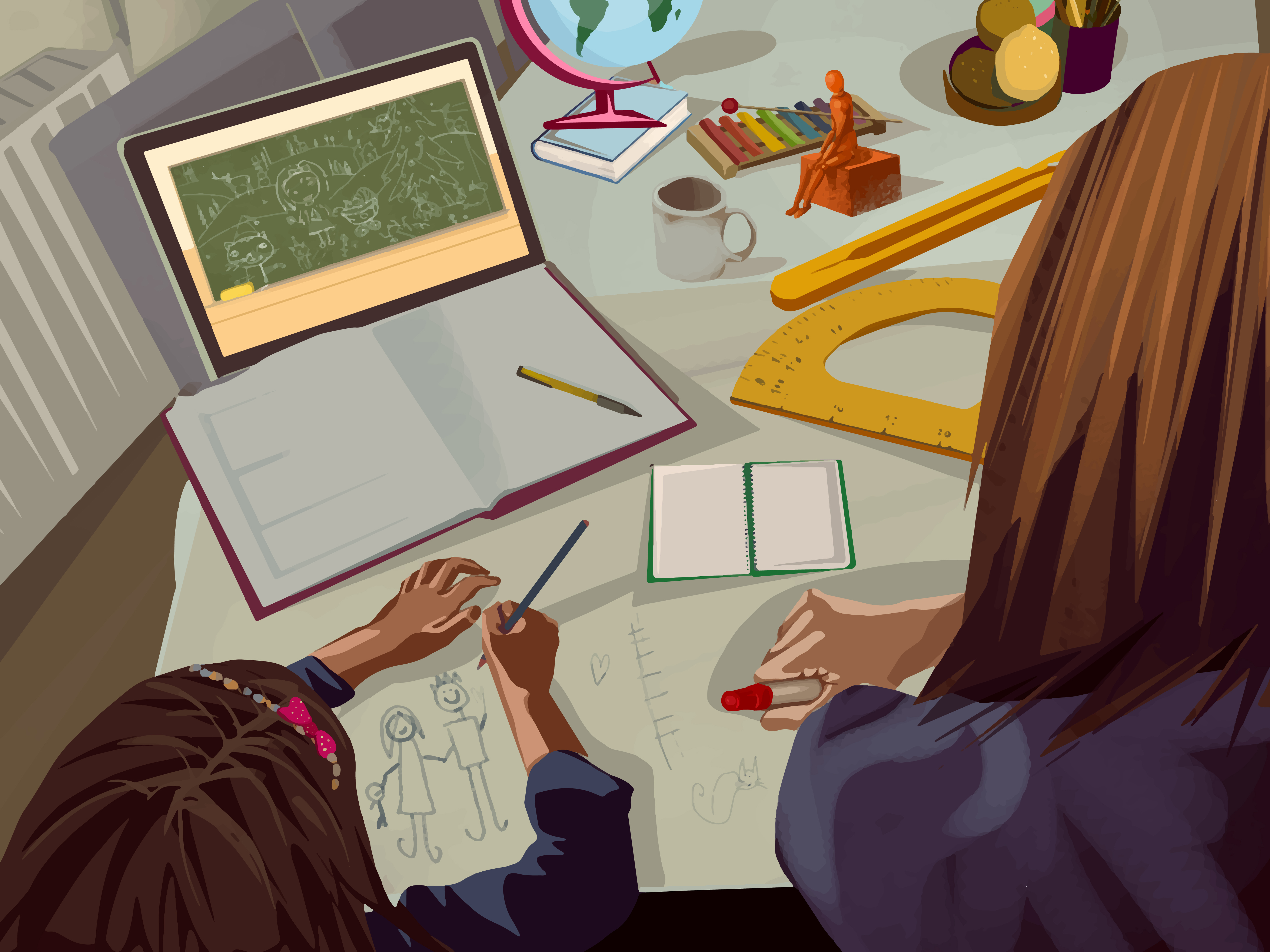 Illustration of mother helping her daughter with math during video call class with professor at home.