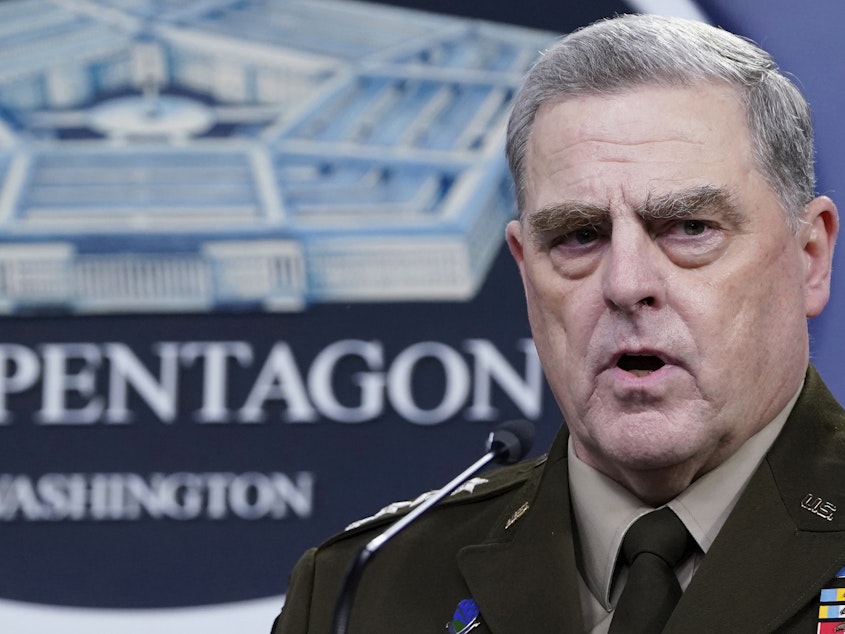 caption: Chairman of the Joint Chiefs of Staff Gen. Mark Milley speaks during a briefing with Secretary of Defense Lloyd Austin in September at the Pentagon in Washington. The top U.S. military officer met with his Russian counterpart Wednesday Sept. 22, 2021 in Helsinki, Finland.