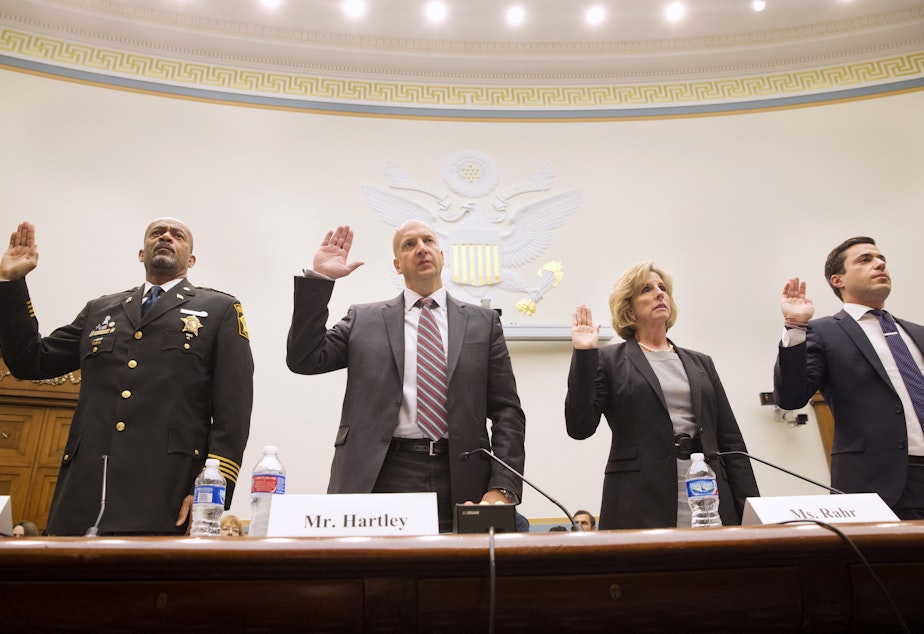 caption: Susan Lee Rahr, executive director of the Wash. State Criminal Justice Training Commission and a member of President Obama's Task Force on 21st Century Policing, being sworn in May 19, 2015, to testify before a House Judiciary Committee hearing.