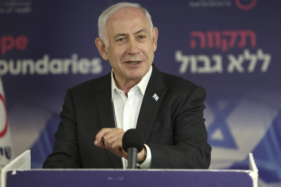caption: Israeli Prime Minister Benjamin Netanyahu speaks during a news conference at the Sheba Tel HaShomer Hospital in Ramat Gan, Israel on Saturday, June 8, 2024. (Jack Guez/Pool Photo via AP)