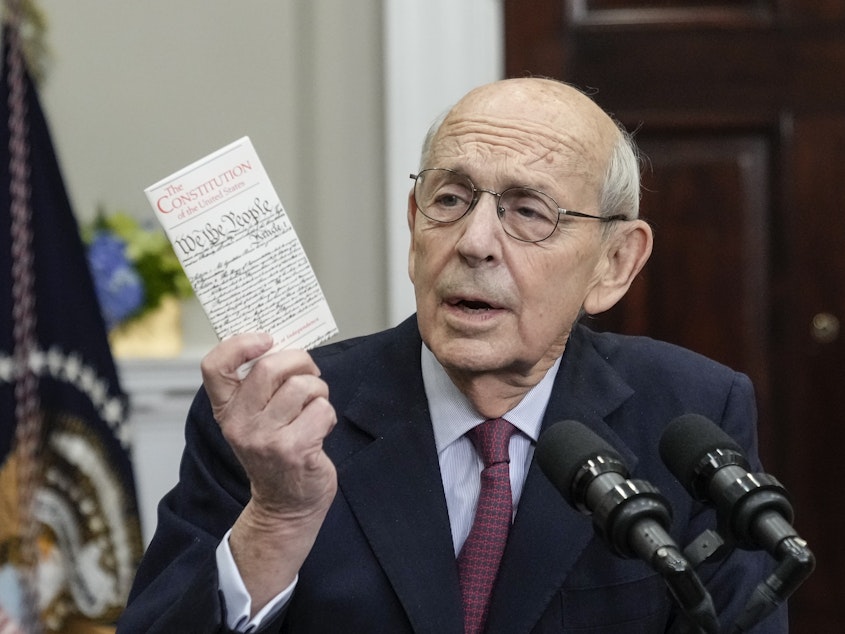 caption: Supreme Court Justice Stephen Breyer formally announces his retirement at the White House on Thursday.