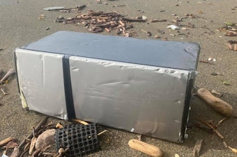 caption: A storm-battered refrigerator washed up on a beach near Cape Scott and the northwest tip of Vancouver Island on Wednesday