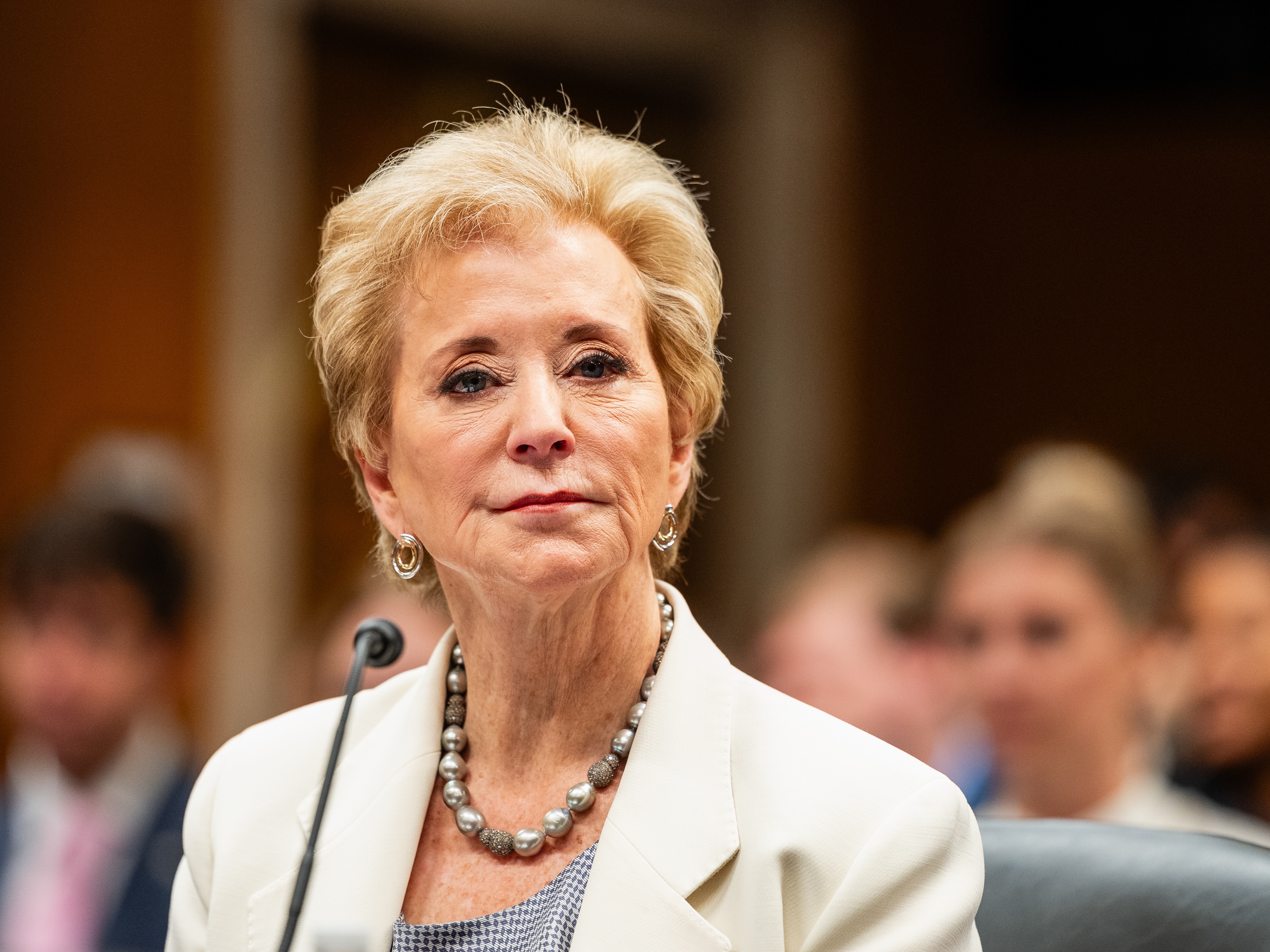 caption: Linda McMahon, U.S. Secretary of Education, during a Senate appropriations subcommittee hearing in Washington.
