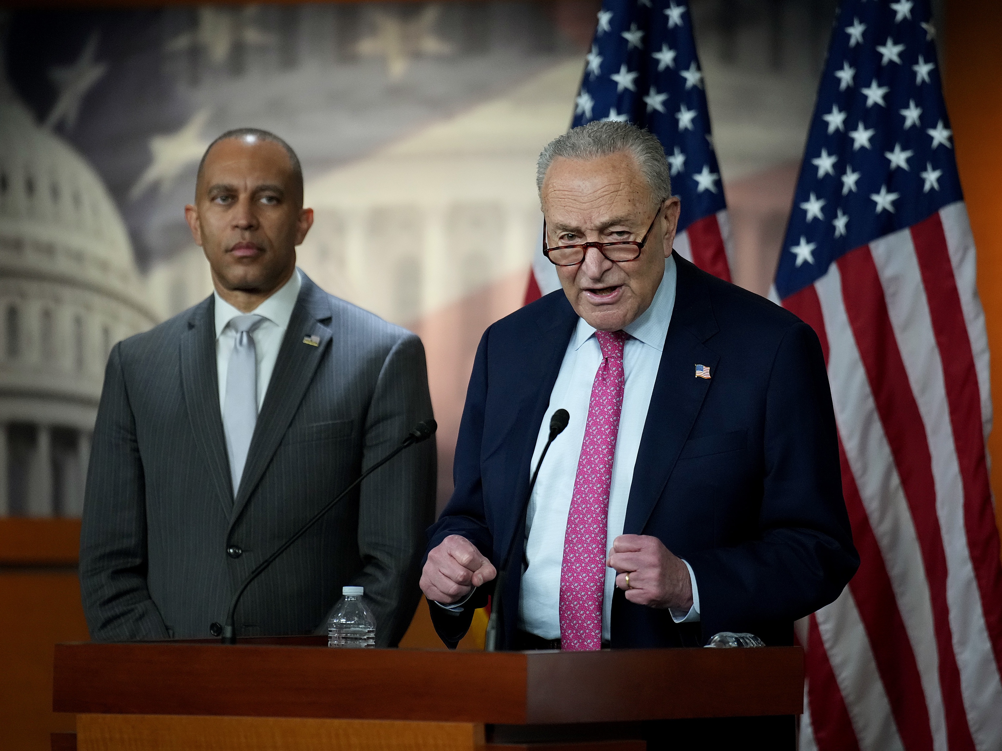 caption: Senate Minority Leader Charles Schumer, D-N.Y., and House Minority Leader Hakeem Jeffries, D-N.Y., speak at a press conference at the U.S. Capitol on June 11, 2025 in Washington, D.C.