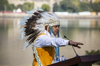 caption: Yakama Nation Chairman JoDe Goudy called for the removal of three lower Columbia River dams at a gathering at Celilo Falls on Oct. 14, 2019, Indigenous Peoples Day.