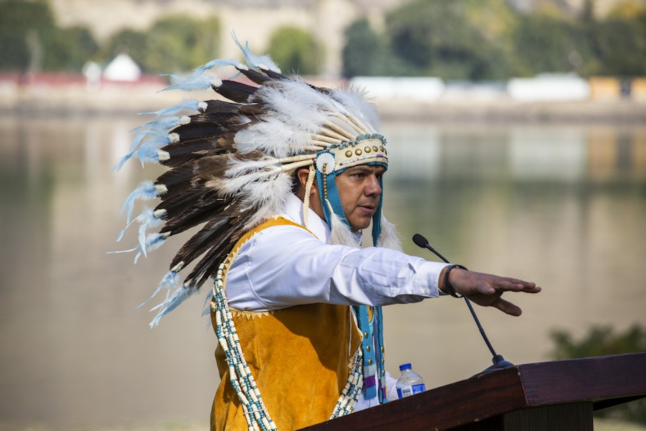 caption: Yakama Nation Chairman JoDe Goudy called for the removal of three lower Columbia River dams at a gathering at Celilo Falls on Oct. 14, 2019, Indigenous Peoples Day.