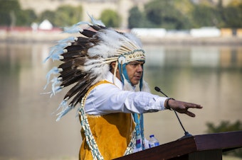 caption: Yakama Nation Chairman JoDe Goudy called for the removal of three lower Columbia River dams at a gathering at Celilo Falls on Oct. 14, 2019, Indigenous Peoples Day.
