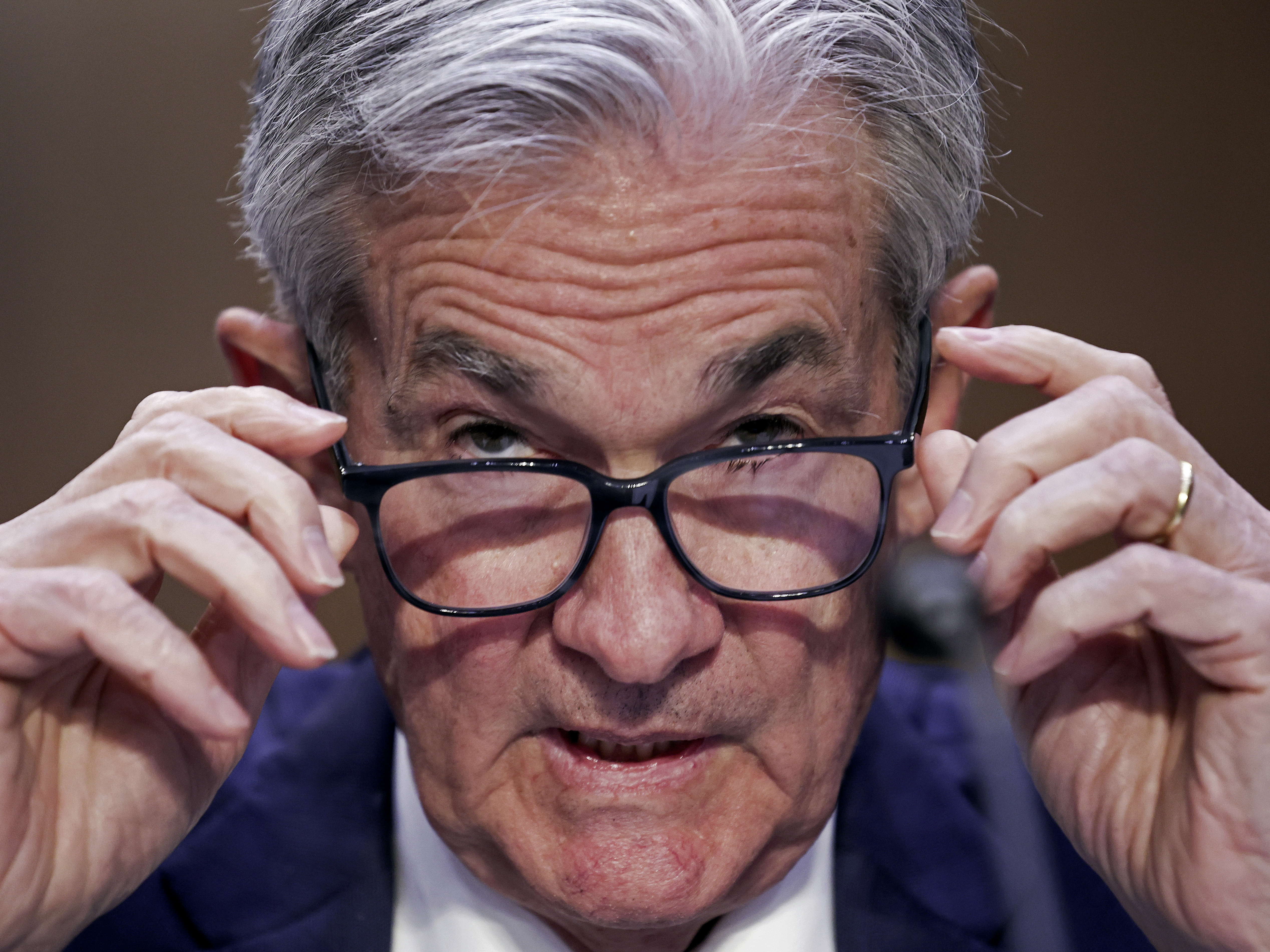 caption: Jerome Powell, Chairman, Board of Governors of the Federal Reserve System testifies before the Senate Banking, Housing, and Urban Affairs Committee on June 22, 2022 in Washington, DC.