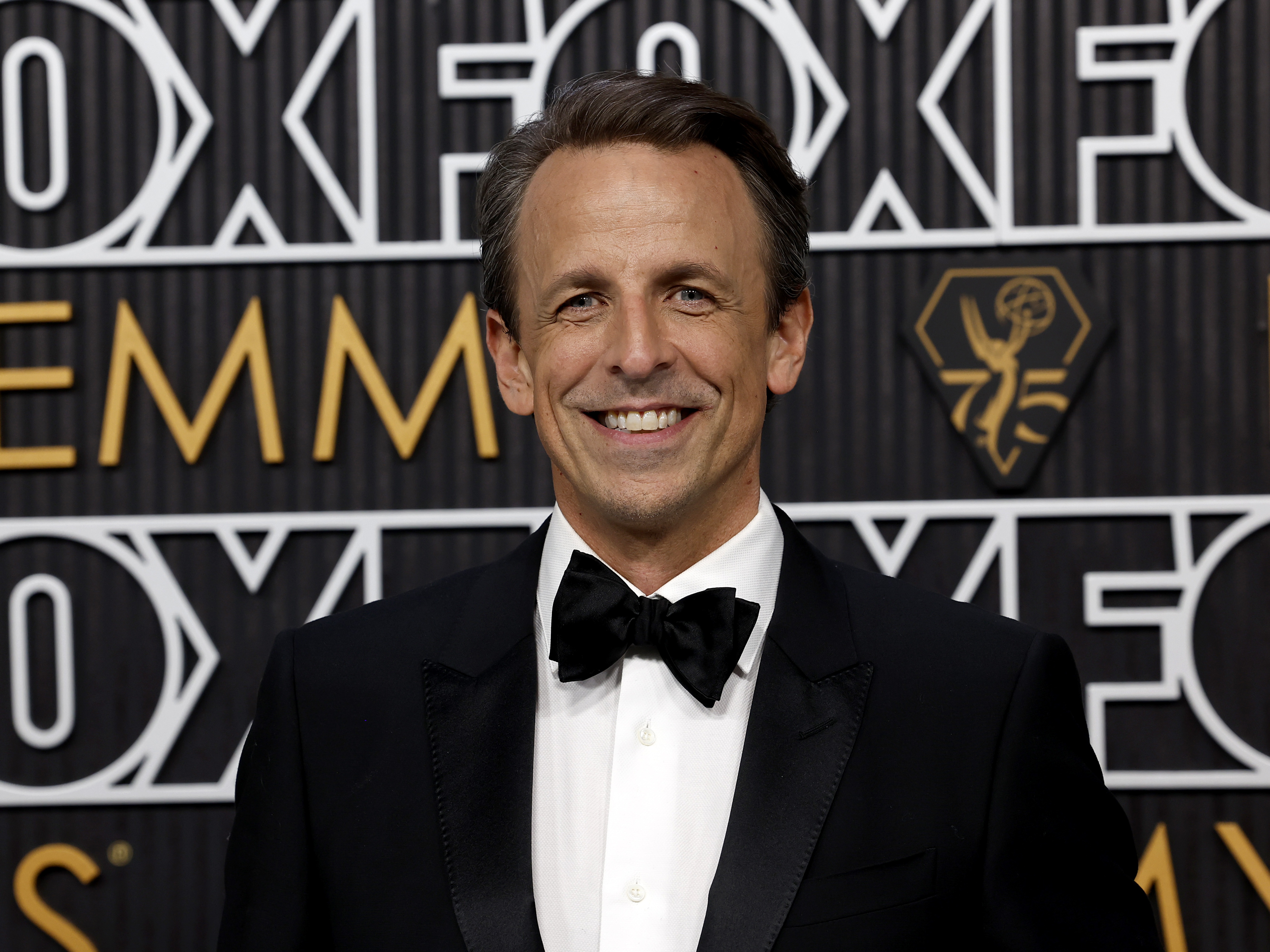caption: Seth Meyers attends the 75th Primetime Emmy Awards at Peacock Theater on Jan. 15, 2024, in Los Angeles.