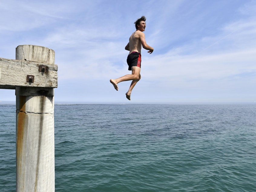 caption: A swimmer jumps from a jetty in an effort to cool off in Adelaide, Australia, as the country experiences record temperatures.