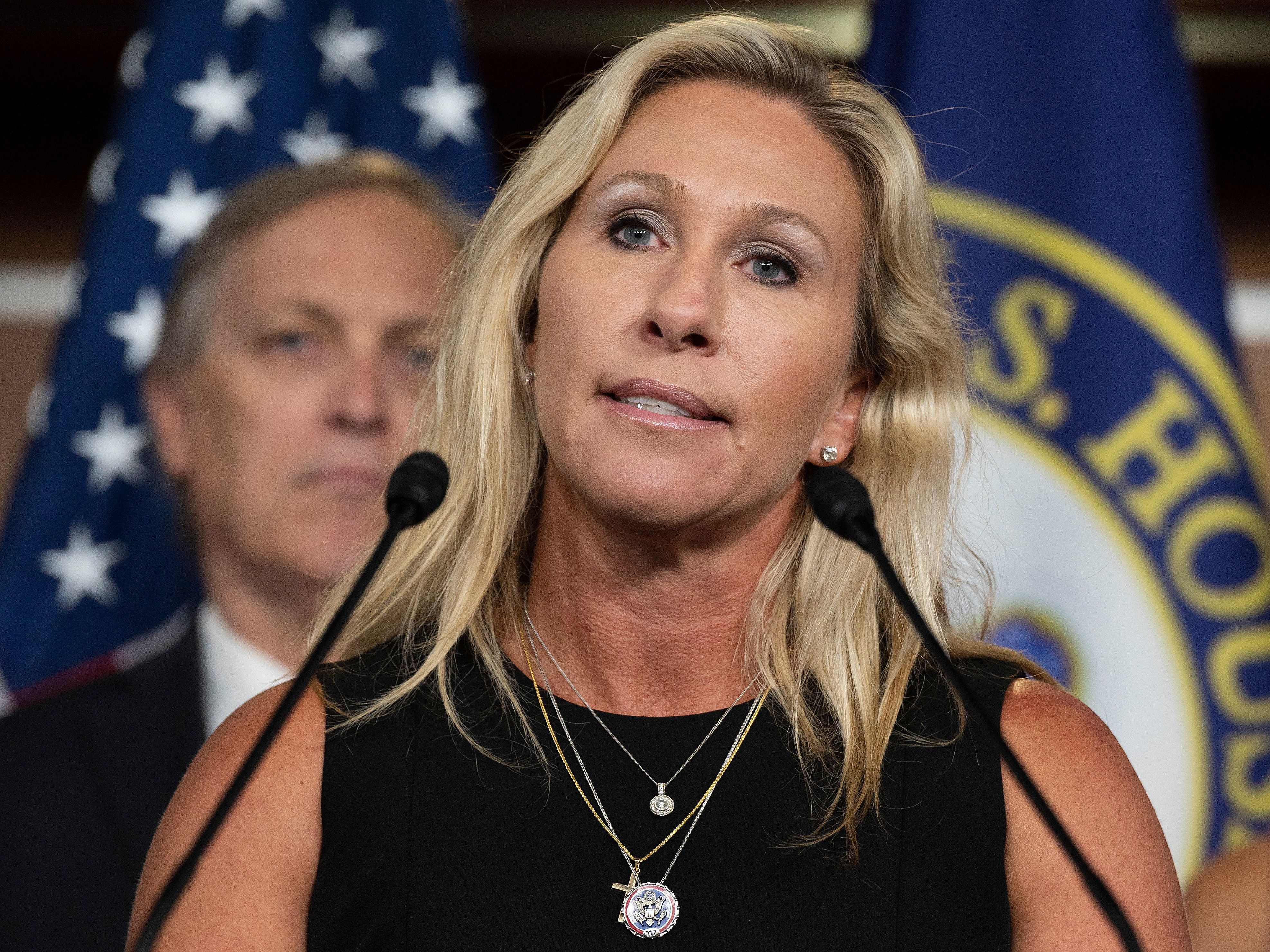 caption: Republican Congresswoman Marjorie Taylor Greene of Georgia is shown here at a press conference in June 2021.