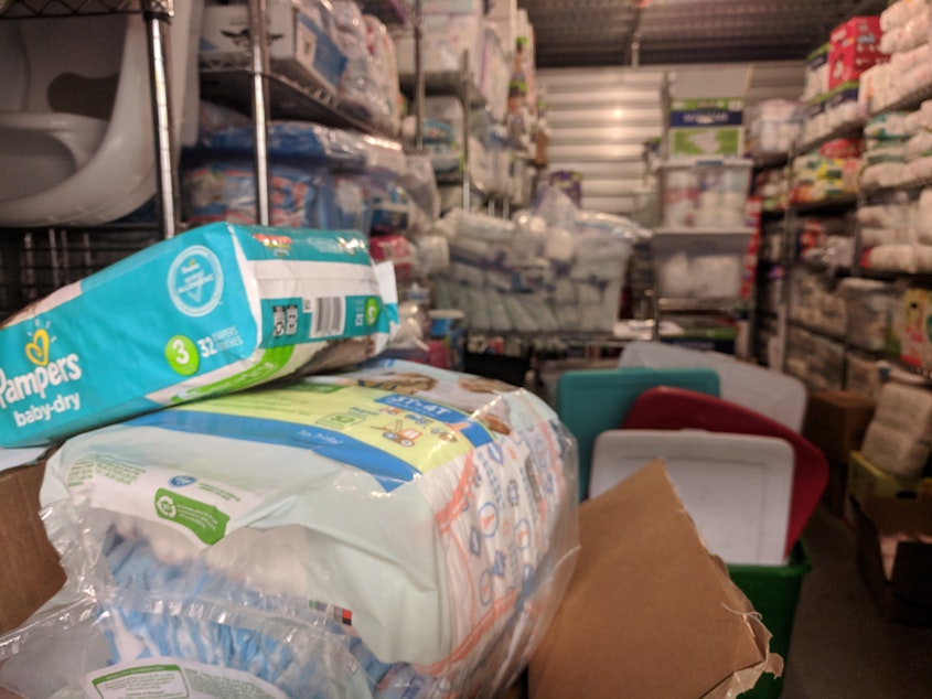 caption: The Babies of Homelessness storage unit in Bellevue is packed with donations for families in need. 