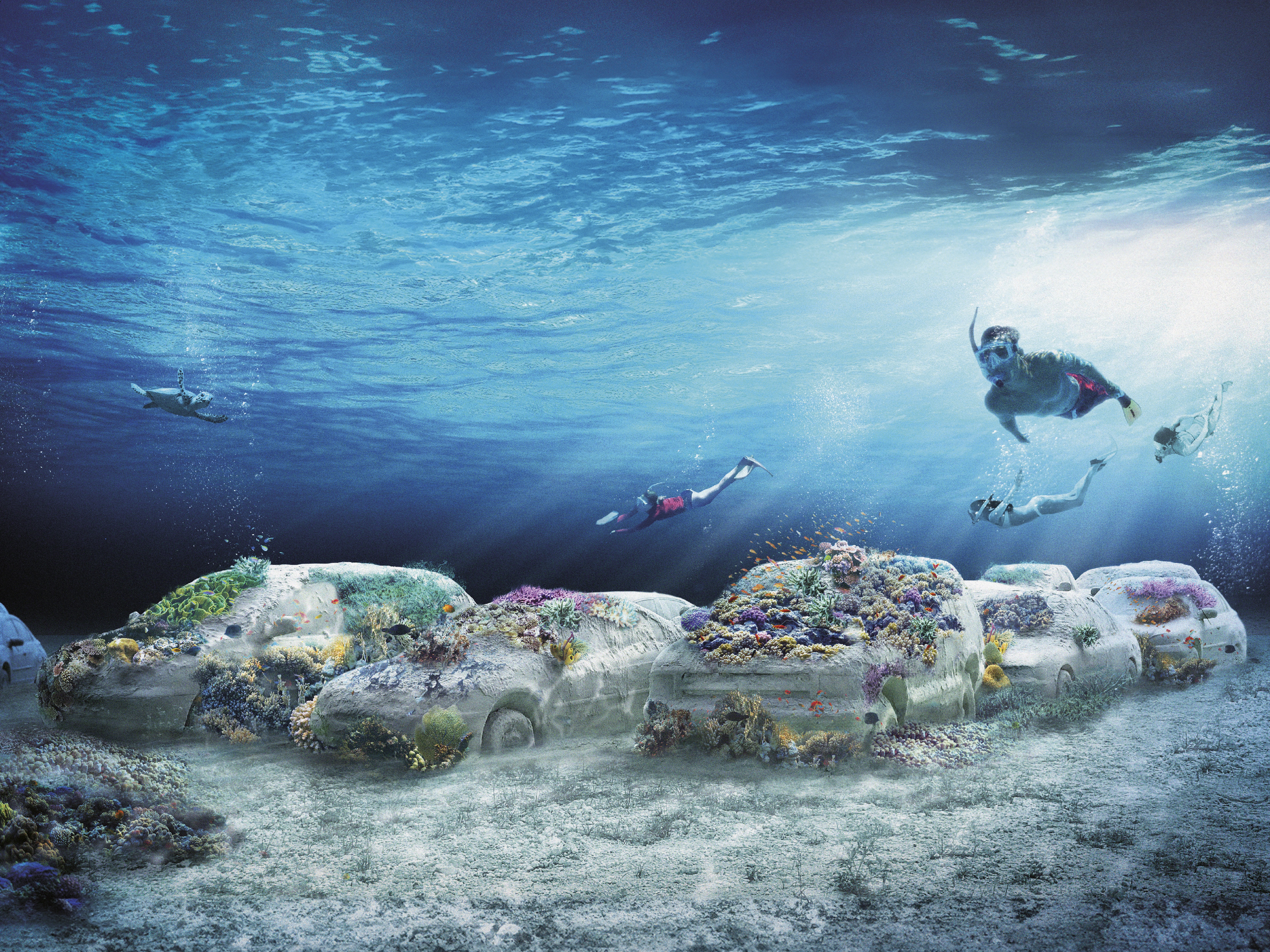 caption: The first phase of the Reefline project will be Leandro Ehrlich's "Concrete Coral," an installation of 22 cars cast from concrete that will become covered by coral.