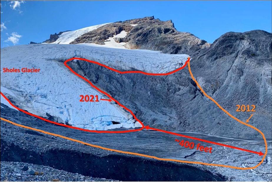 caption: The Sholes Glacier on Mount Baker has retreated 400 feet since 2012.