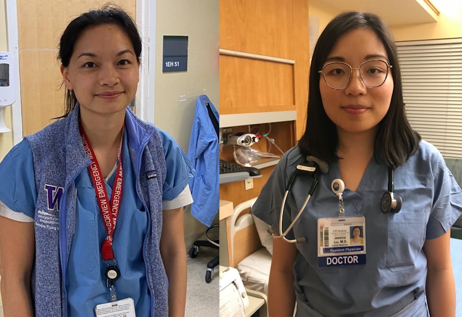 caption: Dr. Sandra Truong, left, is an emergency medicine resident working at Harborview and the UW Medical Center. Dr. Jessica Lu, right, is a family medicine resident at UW Northgate. They started an Instagram page to connect with other healthcare providers during Covid-19.
